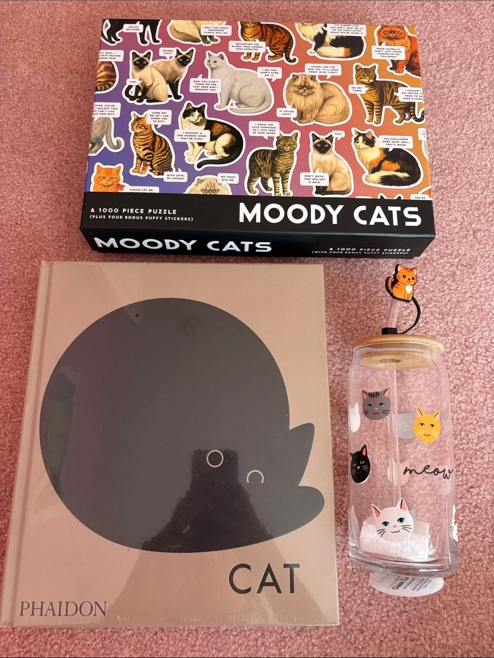 Cat Lover Gift- 1000 Piece Moody Cats Puzzle, Phaidon Cat Book, Glass Tumbler